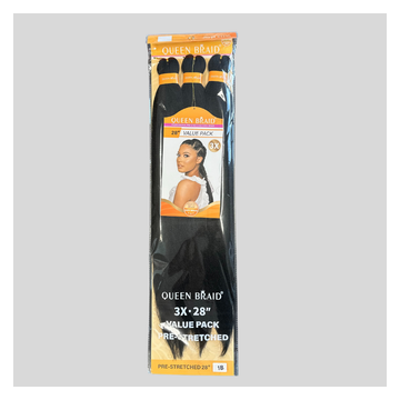 Queen Braids pre Stretched 3x 28'' 1B haarproduct voor vlechten